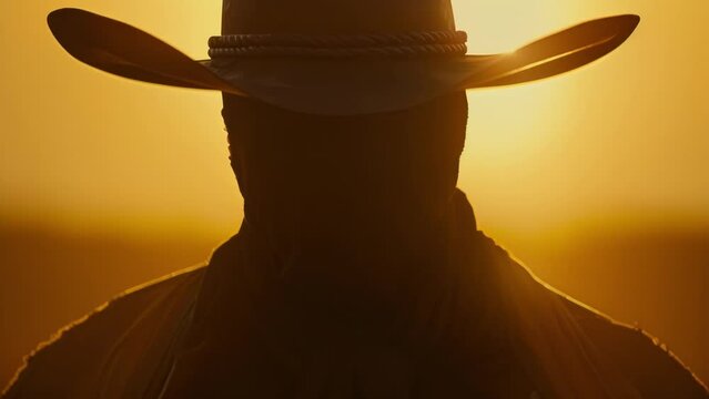 As the sun dipped below the horizon the duelists westernstyle hat cast an ominous shadow over his mysterious face concealing his true intentions. 2d flat cartoon.