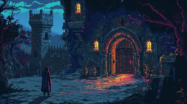 The dark castle is a place of mystery and danger. The pixelated image shows a foreboding castle with a large door that is slightly ajar.