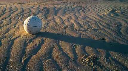 A volleyball rests atop a sandy dune overlooking the beautiful beach landscape, surrounded by...