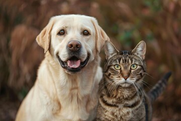 Golden Retriever and Cat Sitting Side by Side