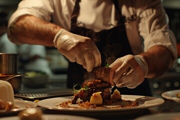 Chef Plating Gourmet Dish in Restaurant Kitchen