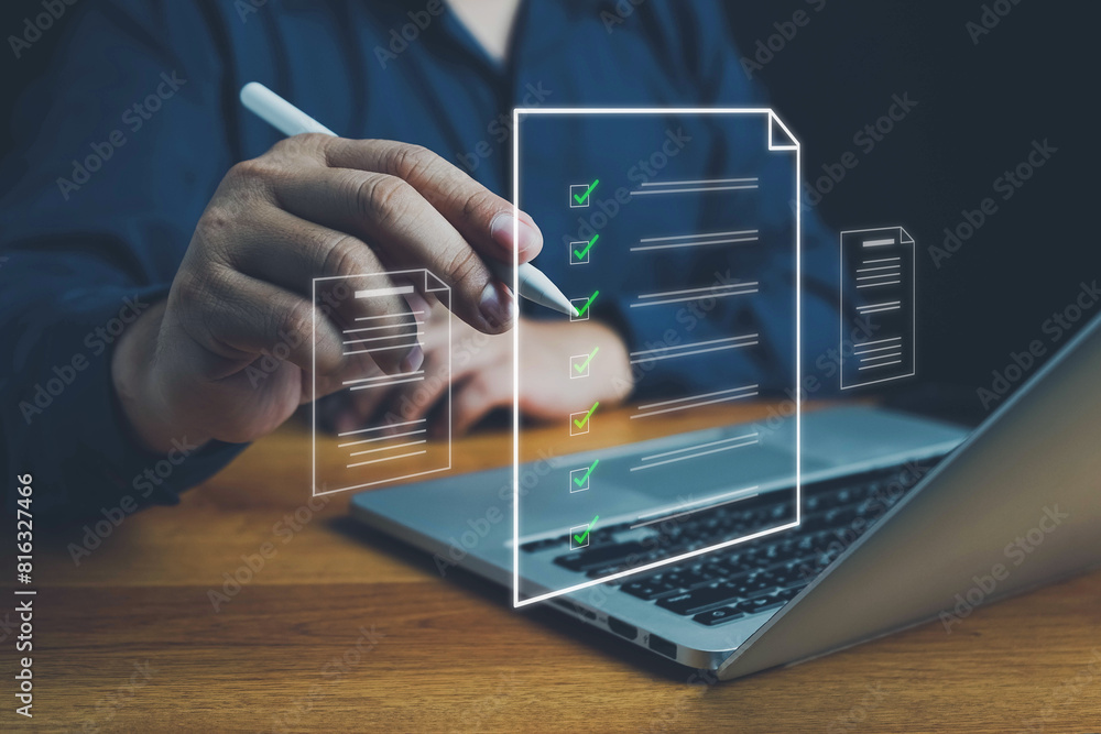 Wall mural document management system dms. assessment form, questionnaire, checklist and clipboard task managem