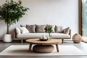 The Scandinavian home interior design features a modern living room with a round wooden coffee tbale and beige pillows.