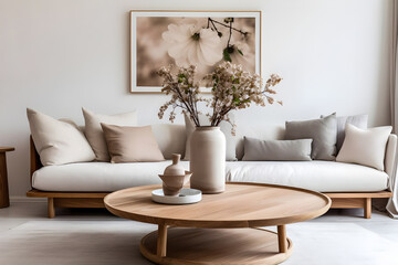 The Scandinavian home interior design features a modern living room with a round wooden coffee tbale and beige pillows.