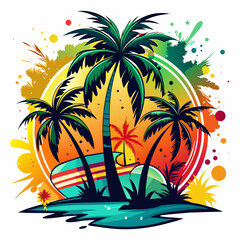 Summer design with palm trees on color splash sticker concept on white background,print design on t-shirt