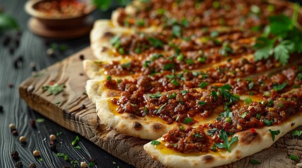 Lahmacun street food in Turkey, fresh foods in minimal style