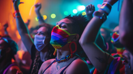 People with rainbow face masks enjoying live music at a concert