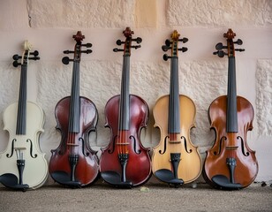 Naklejka premium Multiple violins are neatly lined up against a wall.