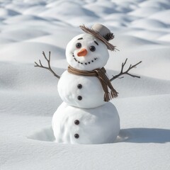  A minimalistic snowman adorned with a grey festive hat, smiling warmly on a clean snowy background. Copy space. AI-generated.