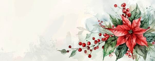 Watercolor christmas banner with poinsettia and berries