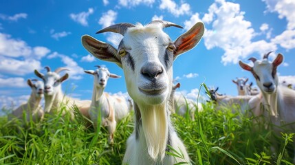 Pictures of beautiful goats with green grass and blue sky in the background