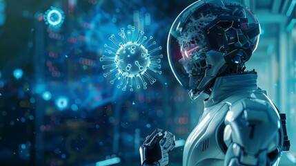 robot in a futuristic  studies a glowing blue virus.
