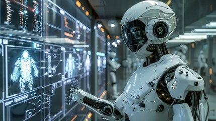 Fototapeta premium robot in a futuristic is working on a spaceship control panel.