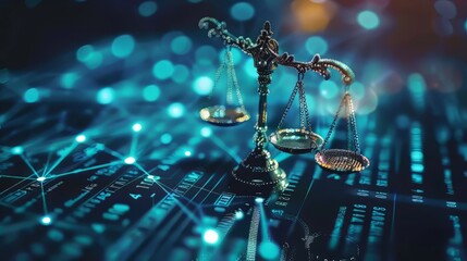 scales of justice with a glowing blue background.