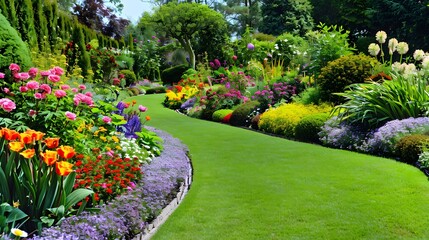 Colourful Flowerbeds and Winding Grass Pathway in an Attractive English Formal Garden
