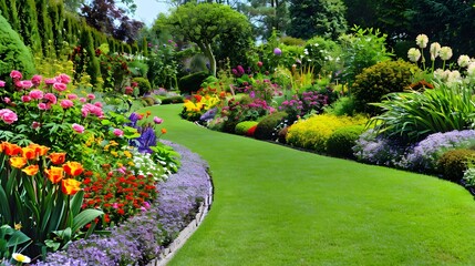 Fototapeta premium Colourful Flowerbeds and Winding Grass Pathway in an Attractive English Formal Garden