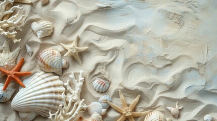 Liquid art event featuring macro photography of seashells, starfish, and arthropods on sandy beach. Patterns inspired by carmine petals and fictional characters in peach hues AIG50