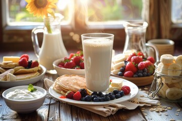healthy breakfast with milk and berries