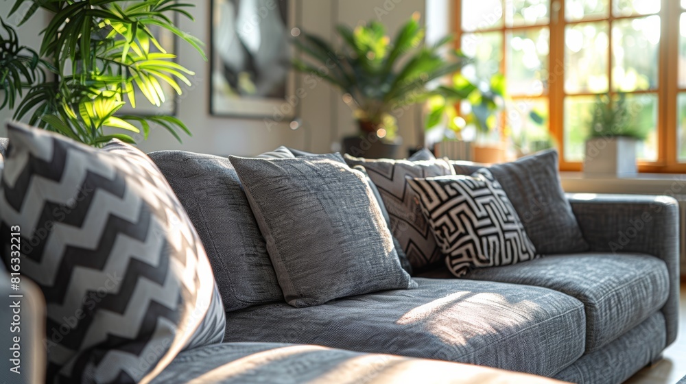 Sticker Cozy living room with modern sofa and natural light