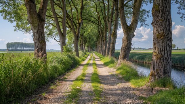 A charming gravel pathway flanked by graceful pollard willows guides you to the prestigious UNESCO World Heritage site of Schokland in the North East Polder of the Netherlands