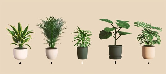The image displays a collection of potted indoor plants, each in its own pot. 