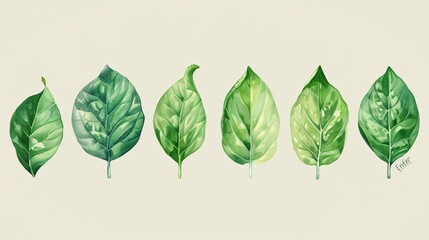 Illustrated Collection of Five Leaves in a Row