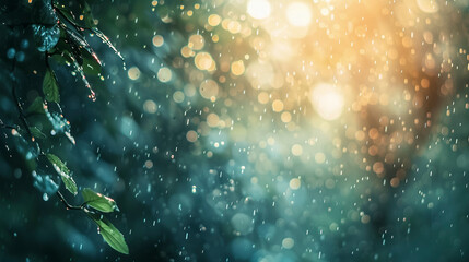 leaves in rain with beautiful blurred background of a rainy forest in cold  green tones and soft lighting, orange circle shape bokeh 