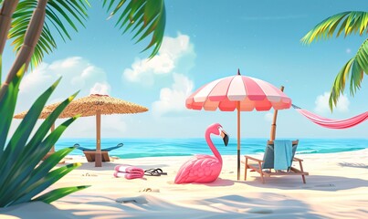 Tropical Beach Scene with Flamingo and Pink Umbrella
