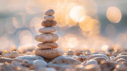 Obraz premium Zen Stones Stacked On Beach At Sunrise