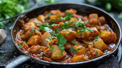 Fototapeta premium Sauteed taro roots with a flavorful onion and tomato gravy topped with fresh coriander