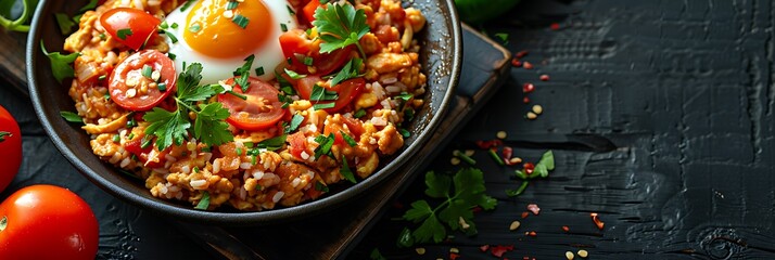 Turkish Menemen Scrambled Eggs with Tomatoes and Peppers, fresh foods in minimal style