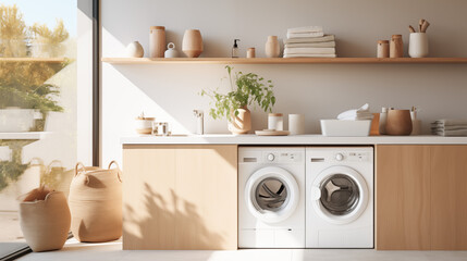 Modern Laundry Room with Large Window and Wooden Cabinets
