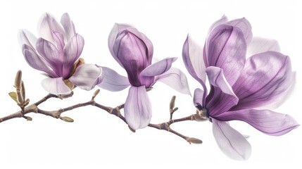 Elegant purple magnolia blooms in a spring garden against a white backdrop