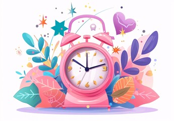 Vibrant Floral Illustration with a Pink Clock and Colorful Elements