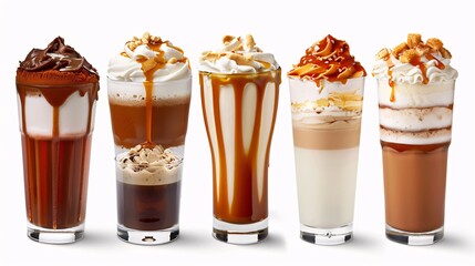 Variety of Coffee Drinks with Different Flavors and Toppings