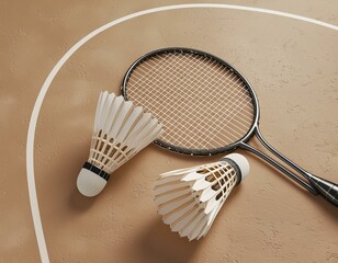 Top view of badminton sports equipment, racket and shuttlecock on peach fuzz color court. Sports concept. 3d illustration, rendering.