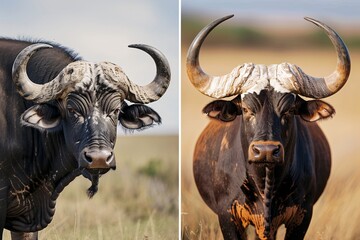 Comparison of Wildlife: A Wildebeest and Two Buffalo Bulls