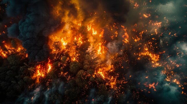 Aerial view of forest fire, flames and smoke from top to bottom. Wildfire burning in the woods