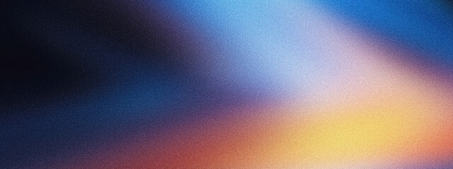 Grainy gradient background blue red yellow abstract glowing color wave black backdrop, noise texture banner poster header design