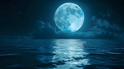 Full blue moon over cold night water