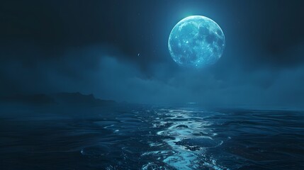 Fototapeta na wymiar Full blue moon over cold night water