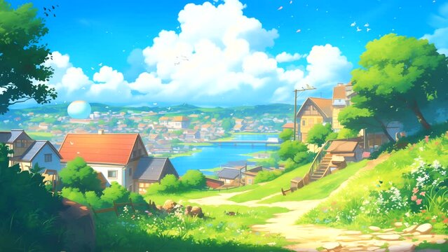 Countryside house on a bright summer afternoon with serene road, lofi background music. Looping time-lapse video