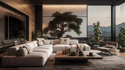 Modern living room with panoramic view and elegant white sectional sofa