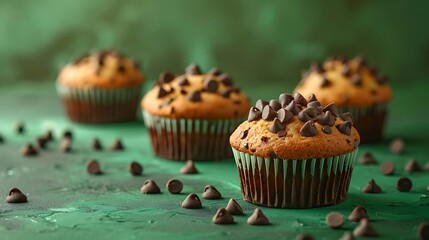 Pistachio chocolate chip muffins, fresh foods in minimal style