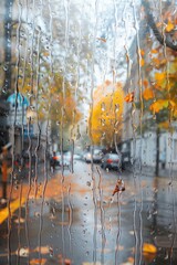 Vibrant Autumn Rain on Window, City Street View