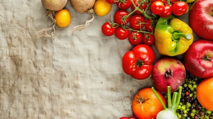 A variety of natural foods, including fruits and vegetables, are displayed on a table. These...
