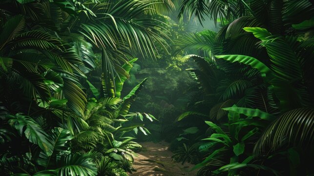 Mysterious Tropical Jungle Pathway at Dawn Light