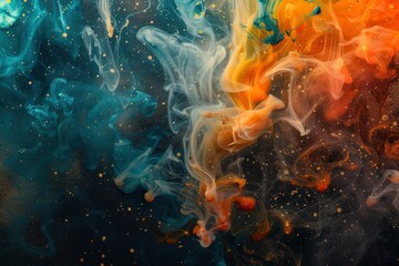 Multi colored sparkling abstract background, luxury dark gold smoke, acrylic paint underwater explosion, cosmic swirling ink - generative ai