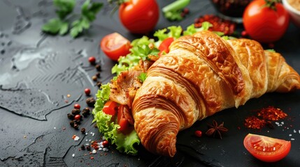 Delectable crispy croissant filled with chicken or beef lettuce tomatoes spices and sauce on a dark concrete surface