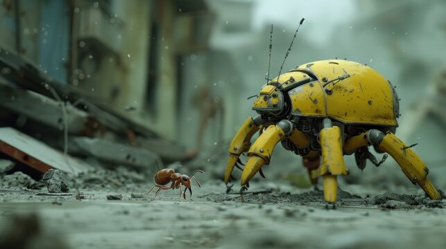 Yellow robot insect with small ants standing on the background of the rubble of a destroyed building.